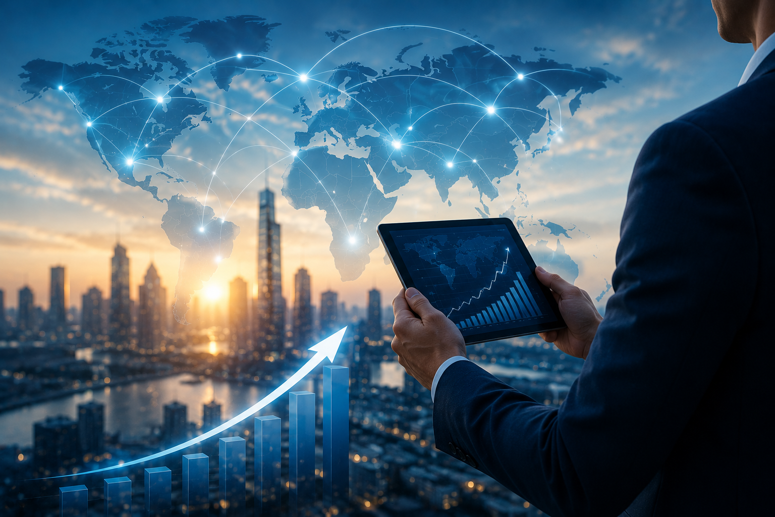 Businessperson analyzing global market growth and international connections.