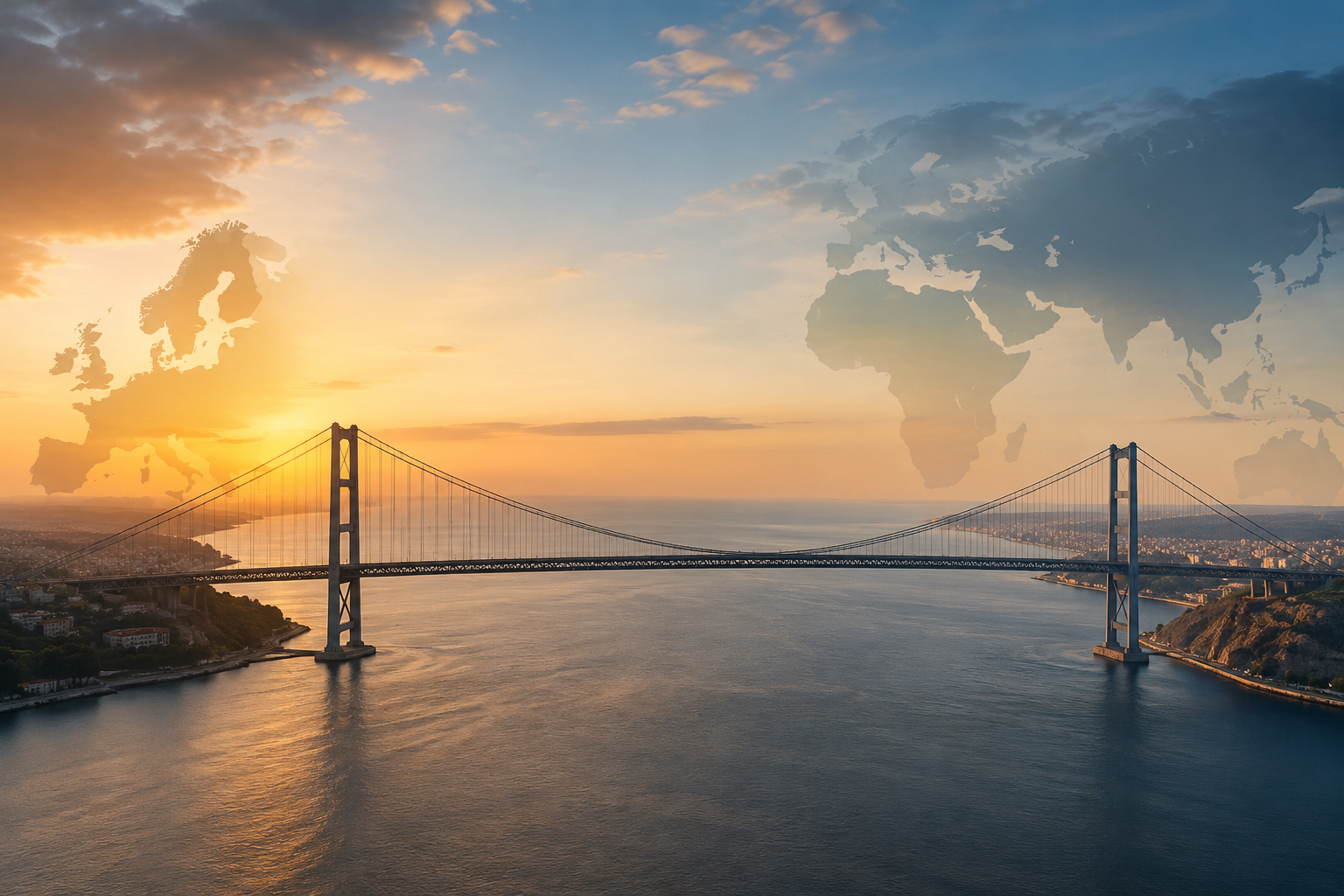 Bridge connecting Europe with Africa and emerging markets at sunrise.
