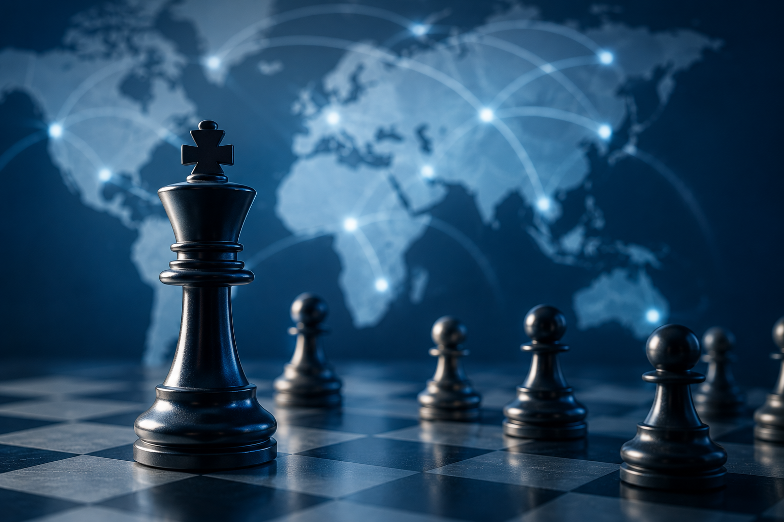 Strategic advisory concept with chess pieces and connected global map