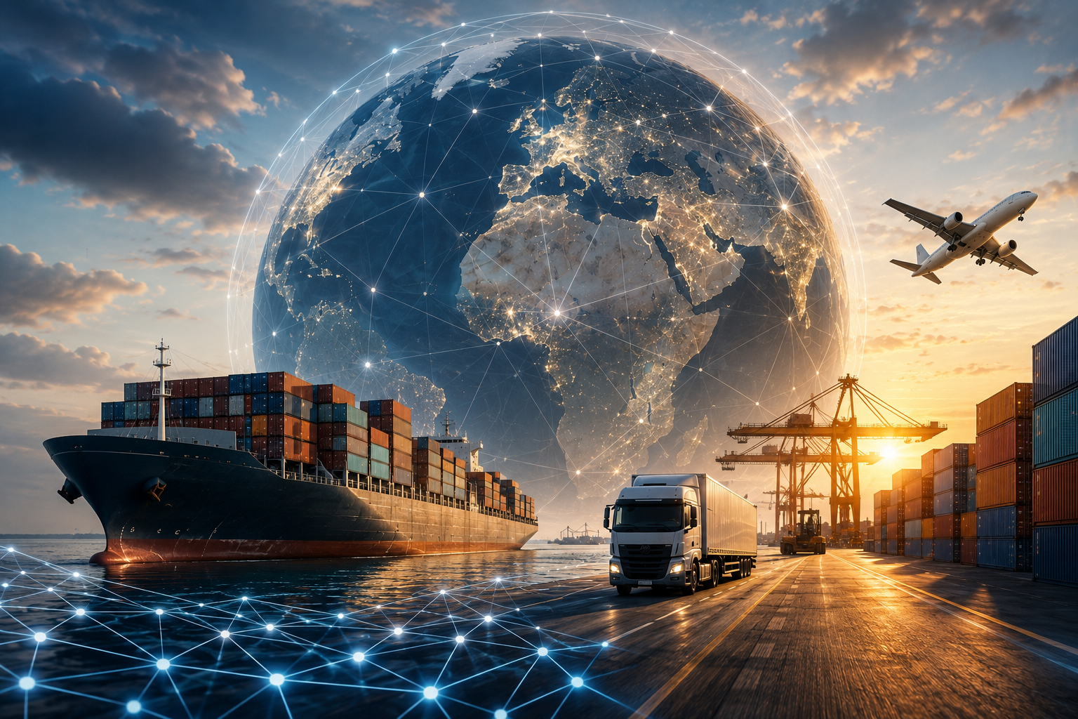 Global logistics network with container ship, truck, airplane and connected world map