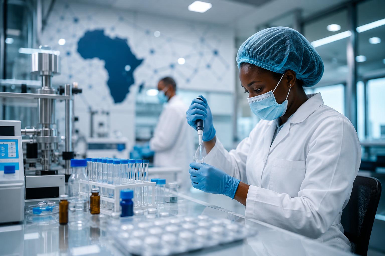 African scientist working in a modern pharmaceutical laboratory, representing local healthcare manufacturing and health sovereignty in Africa.