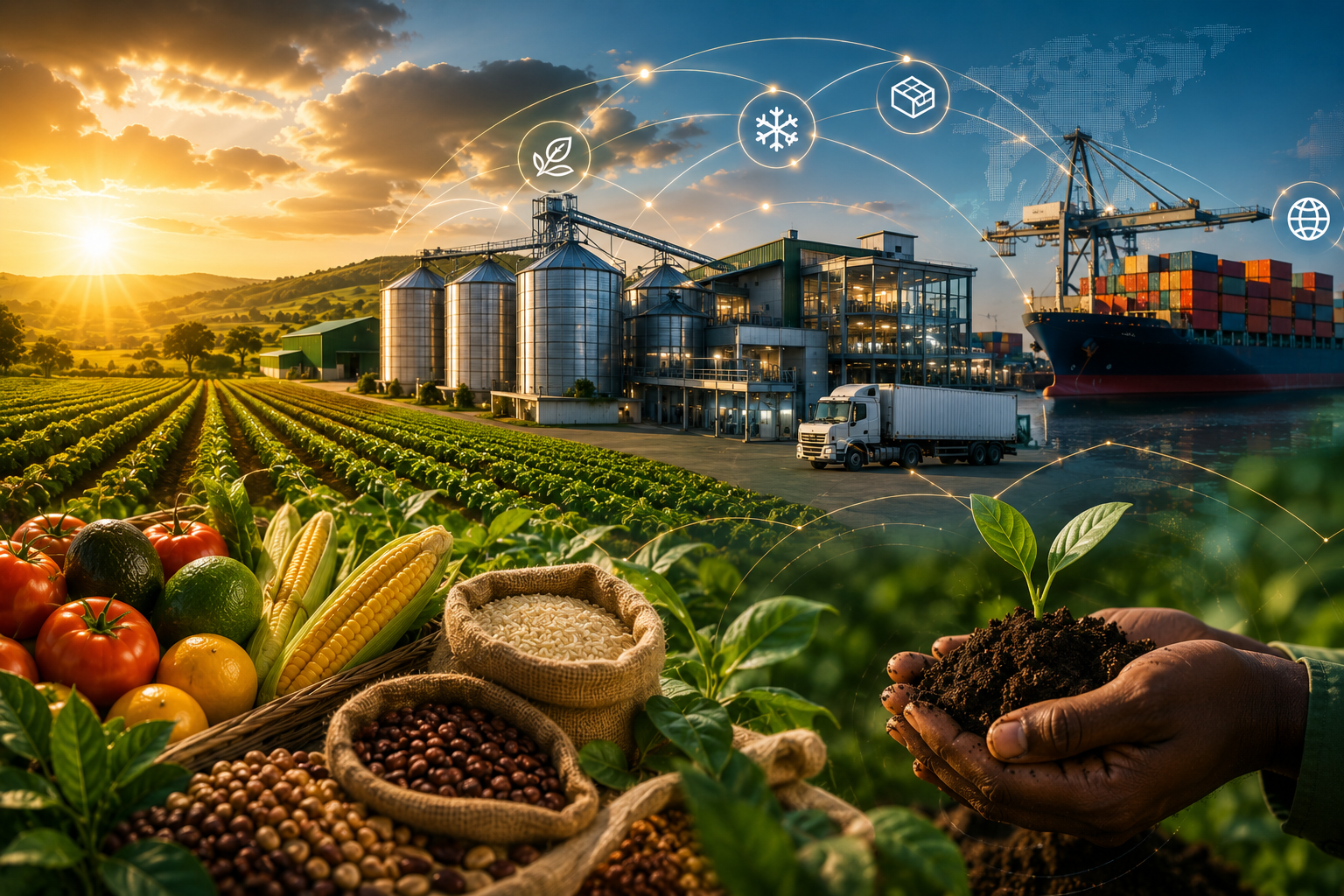 African agribusiness value chain connecting agricultural production, local food processing, storage facilities and logistics infrastructure.