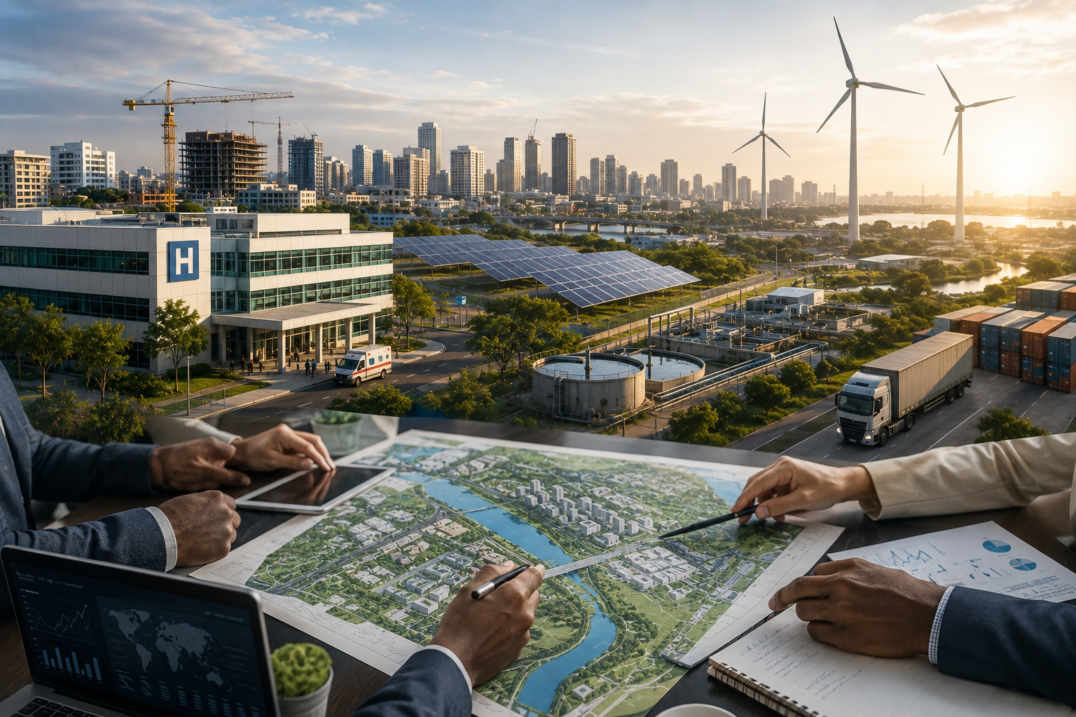 Emerging market infrastructure planning with healthcare, renewable energy, logistics and investment strategy.